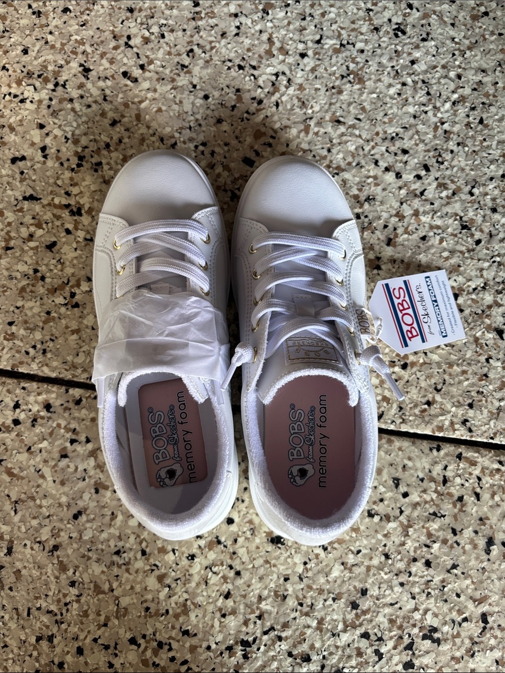 Skechers BOBS Girls' White Lace-Up Memory Foam Sneakers